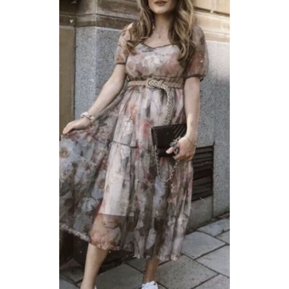 H&M Floral Puff Sleeve Organza Midi Dress Blogger Favorite Size S - Picture 3 of 5